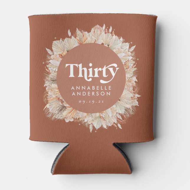 Modern pampas grass terracotta 30th birthday can cooler (Front)