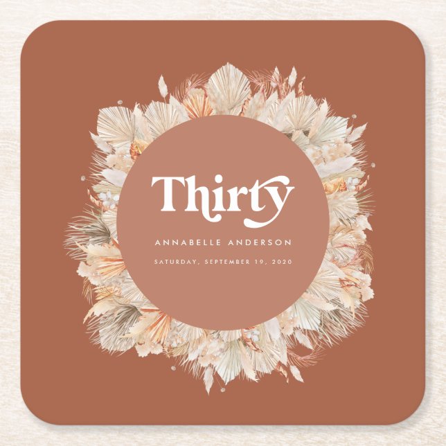 Modern pampas grass terracotta 30th birthday  square paper coaster (Front)
