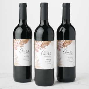 Modern Pampas Grass Terracotta Mr and Mrs Wedding Wine Label