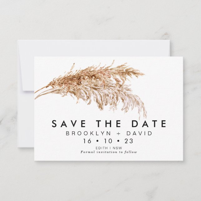 Modern Pampas Grass Wedding Save The Date Card (Front)
