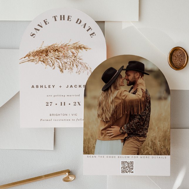 Modern Pampas Grass Wedding Save The Date Card (Boho Beige Pampas Grass Save The Date Card Wedding Couples Photo, QR code, Modern Arch Save The Date)