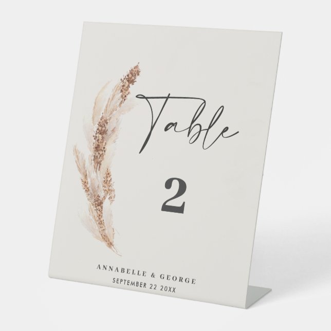 modern pampas grass wedding table number pedestal sign (Front)