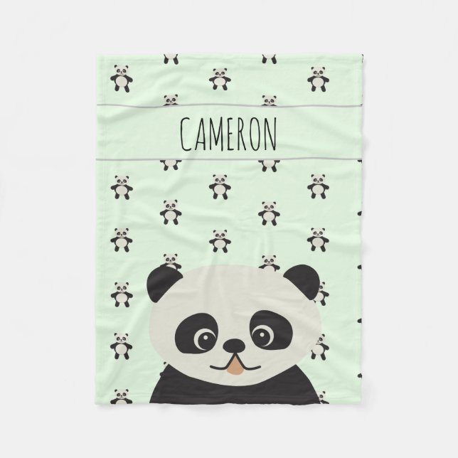 Modern Panda Bear pattern baby name green Fleece Blanket (Front)
