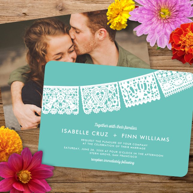 Modern Papel Picado Custom Colour + Photo | Weddin Invitation (Creator Uploaded)