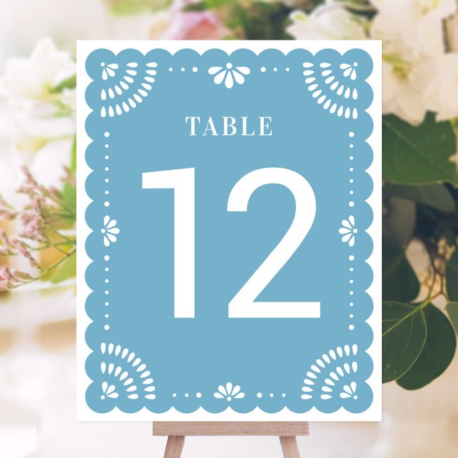 Modern Papel Picado Wedding Table Number, Blue (Mexican Papel Picado Table Number)
