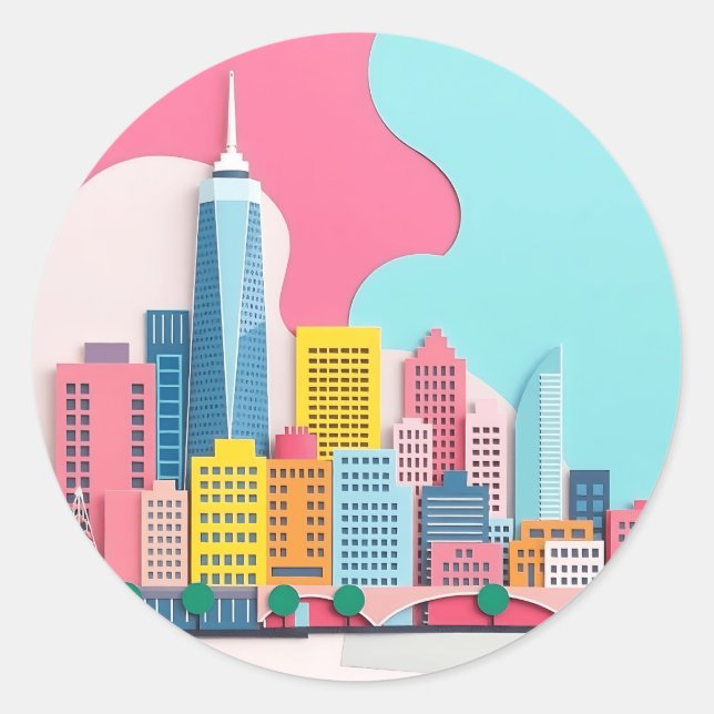 Modern Paper Collage Cityscape Classic Round Sticker (Front)