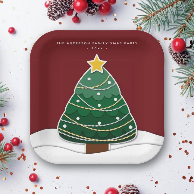 Modern Papercut Style Christmas Tree Xmas Party Paper Plate (Creator Uploaded)