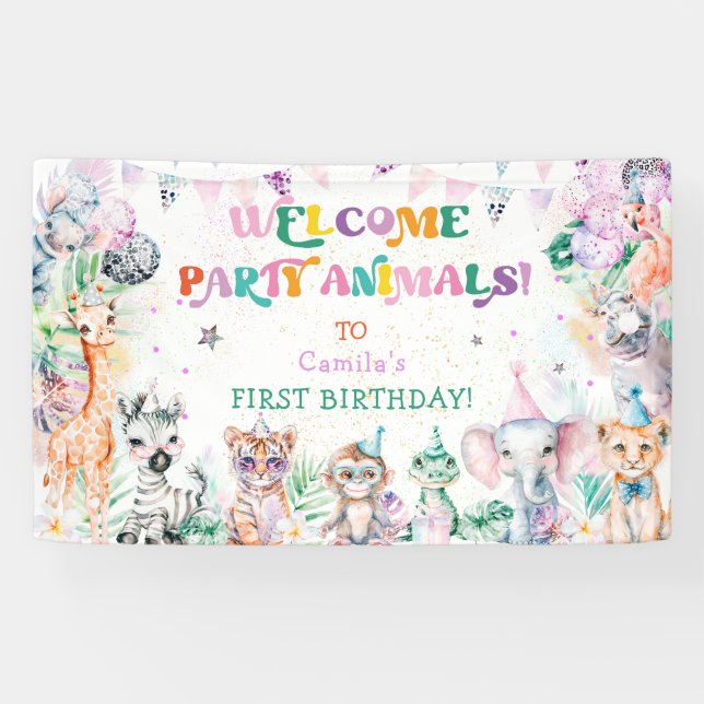 Modern Party Cute Animals Girl Birthday Welcome Banner (Horizontal)