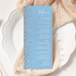 Modern Pastel Baby Blue Silver Glitter Wedding Menu<br><div class="desc">The left-hand edge of this elegant modern wedding menu features a silver faux glitter design. The customisable text combines white handwriting,  copperplate and italic fonts on a pastel baby blue background. The reverse side features a matching baby blue and silver glitter design.</div>