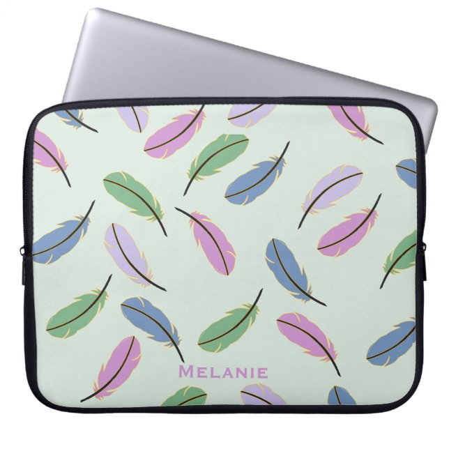 Modern Pastel Blue Feathers Pattern Personalised Laptop Sleeve (Front)