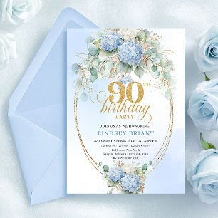 Modern Pastel Blue Floral Gold 90th Birthday Card