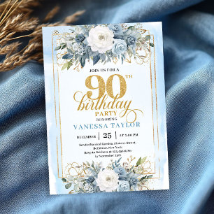 Modern pastel blue gold design 90th birthday invit invitation