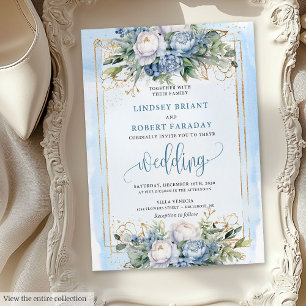 Modern pastel blue gold flowers wedding invitation