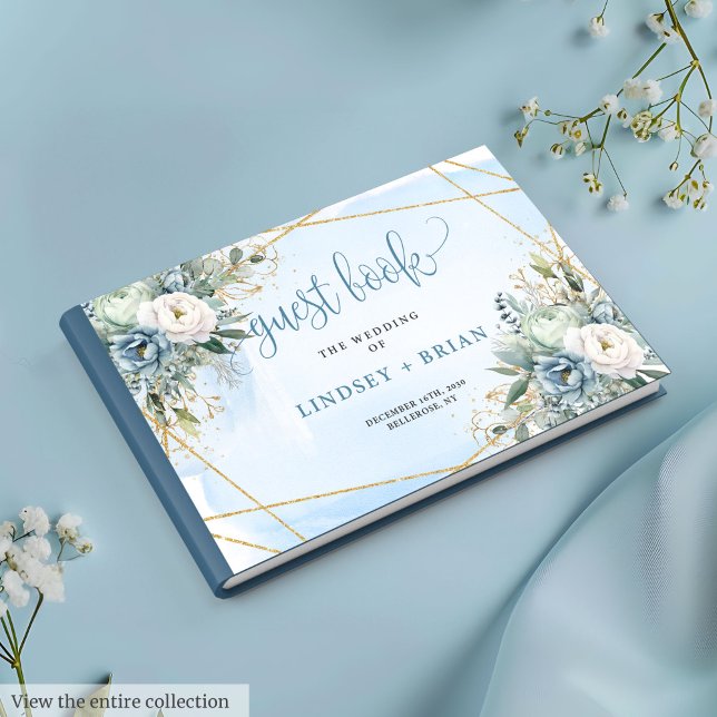 Modern Pastel Blue Peonies Gold Wedding Guest Book (Modern Pastel Blue Peonies Gold Wedding Guest Book

)