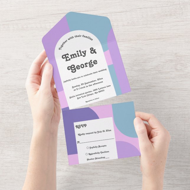 Modern Pastel Blue Purple Retro Abstract Wedding All In One Invitation (Tearaway)
