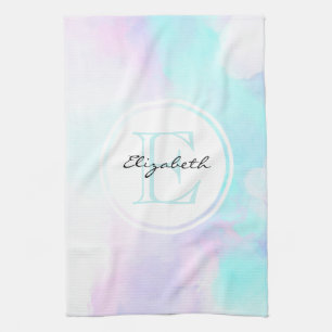 Modern Pastel Blue & Purple Watercolor Monogram Tea Towel