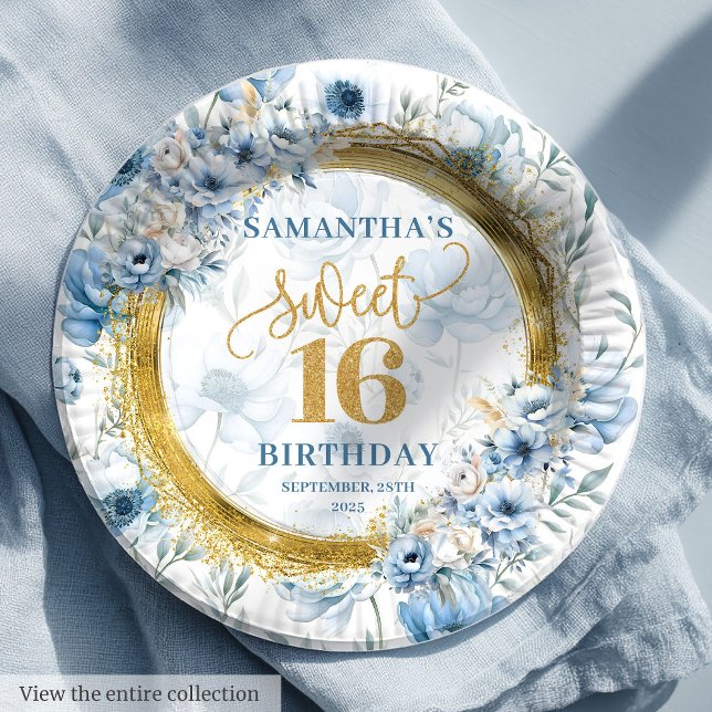 Modern Pastel Blue Sweet 16 Gold Glitter Party   Paper Plate (Modern Pastel Blue Sweet 16 Gold Glitter Party Paper Plates)