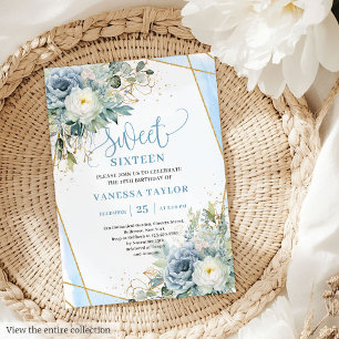 Modern pastel blue white floral sweet 16 invite