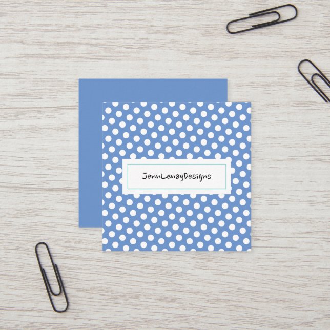 Modern Pastel Blue White Polka Dots Chic Square Business Card (Front/Back In Situ)