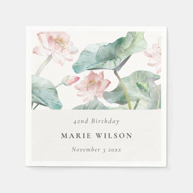 Modern Pastel Blush Waterlily Any Age Birthday Napkin (Front)