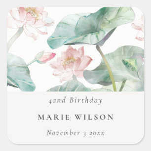Modern Pastel Blush Waterlily Any Age Birthday Square Sticker