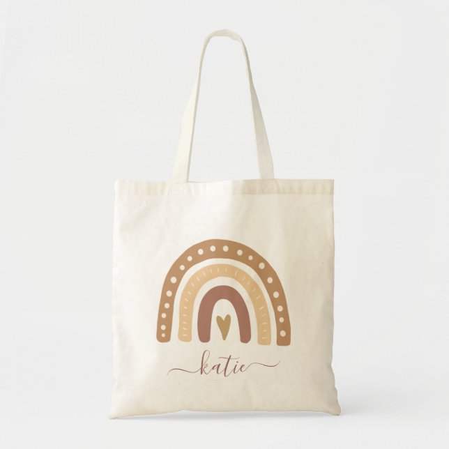 Modern Pastel Brown Rainbow Boho Your Name Tote Bag (Front)