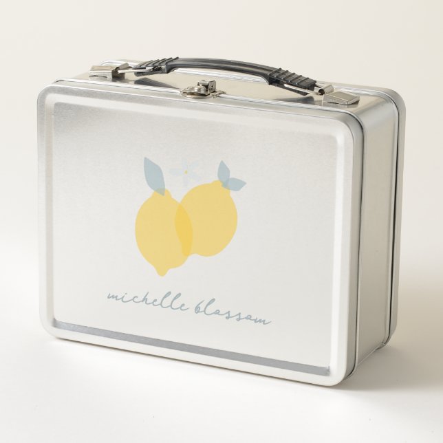 Modern Pastel Citrus Lemons Pattern Custom Name Metal Lunch Box (Front)