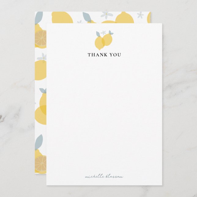 Modern Pastel Citrus Lemons Pattern Custom Name Thank You Card (Front/Back)