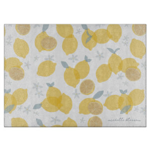 Modern Pastel Citrus Lemons Pattern Monogram Cutting Board