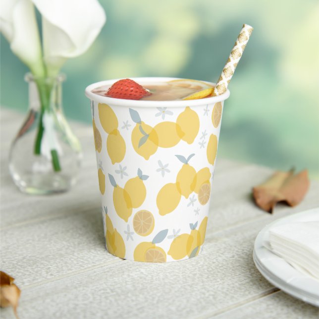 Modern Pastel Citrus Lemons Pattern Paper Cups (Insitu)