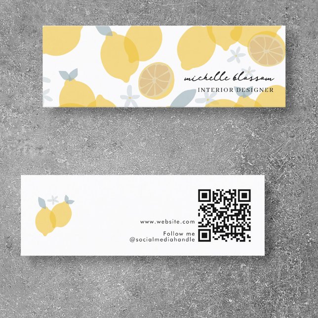 Modern Pastel Citrus Lemons QR Code Minimal Mini Business Card (Modern Pastel Citrus Lemons QR Code Minimal Mini Business Card)