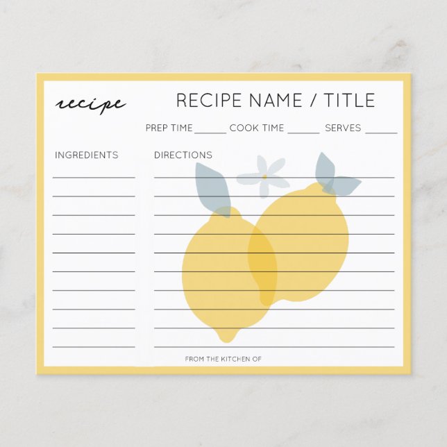 Modern Pastel Citrus Lemons Recipe Card (Front)