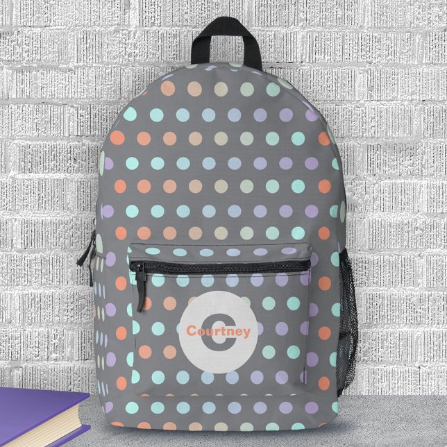 Modern Pastel Coloured Polka Dot Pattern on Grey Printed Backpack (Creator Uploaded)