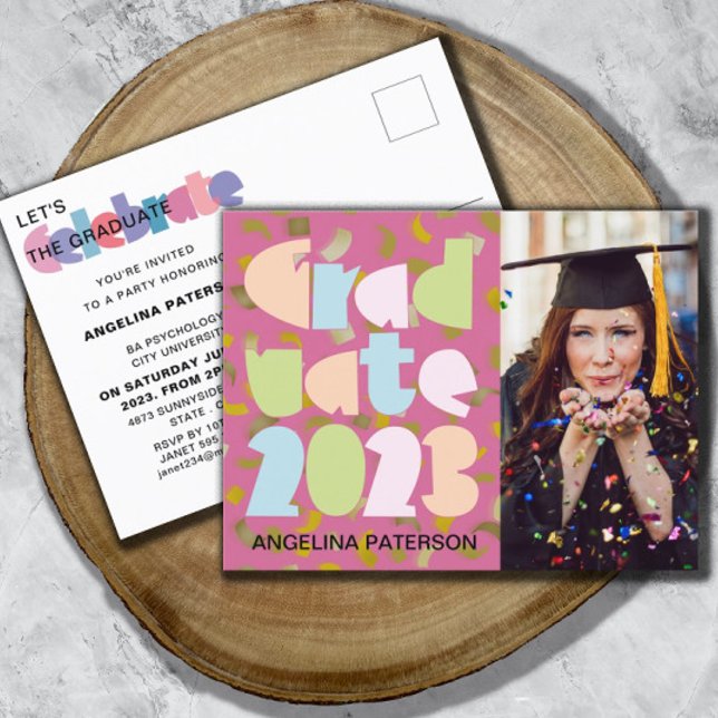 Modern Pastel & Confetti Photo Graduation Party Invitation Postcard (Creator Uploaded)