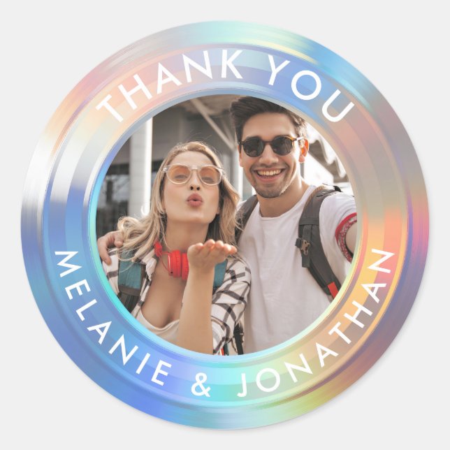 Modern Pastel Custom Holographic Wedding Thank You Classic Round Sticker (Front)