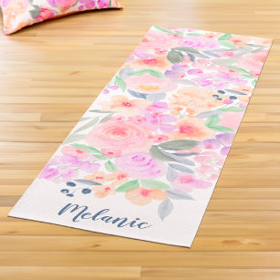 Modern pastel floral watercolor name monogram yoga mat