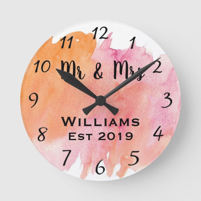 Modern Pastel Floral Watercolor Shabby Chic Round Clock (Front)