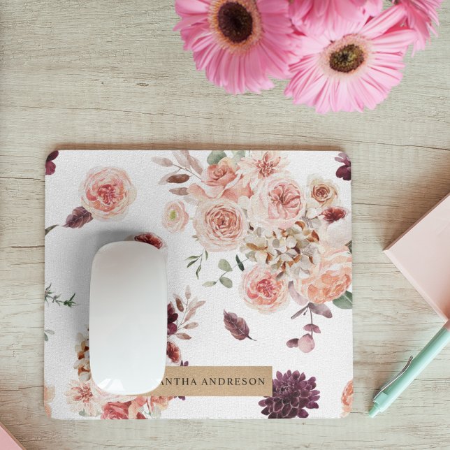 Modern Pastel Flowers & Kraft Personalised Gift Mouse Pad (Creator Uploaded)