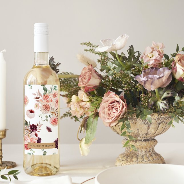 Modern Pastel Flowers & Kraft Personalised Gift Wine Label (Creator Uploaded)
