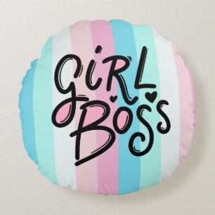 Modern Pastel GIRL BOSS   Retro Typography Round Cushion