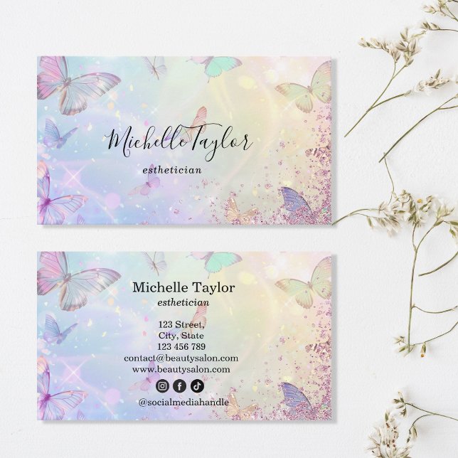 Modern Pastel Glitter Butterfly Estheticia Makeup  Business Card (pastel holograph butterrfly)