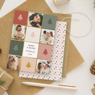 Modern Pastel & Gold Christmas Tree Photo Collage Holiday Card