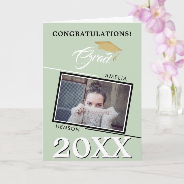 Modern Pastel Green Grad Photo Graduation Card (Orchid)
