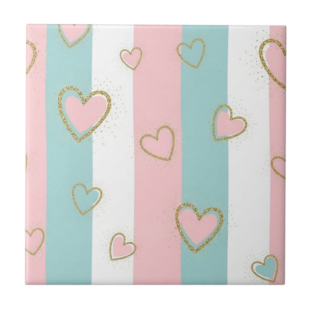 Modern Pastel Hearts with Subtle Gold Highlights Ceramic Tile (Front)
