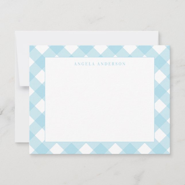 Modern Pastel Light Blue Gingham Plaid Check Note  Card (Front)