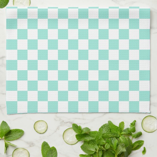 Modern Pastel Mint Green and White Chequered Tea Towel (Folded)