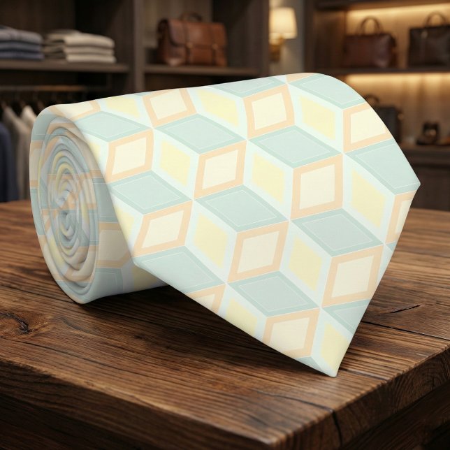 Modern Pastel Mint Green Peach Geometric 3D Cube Tie (Creator Uploaded)
