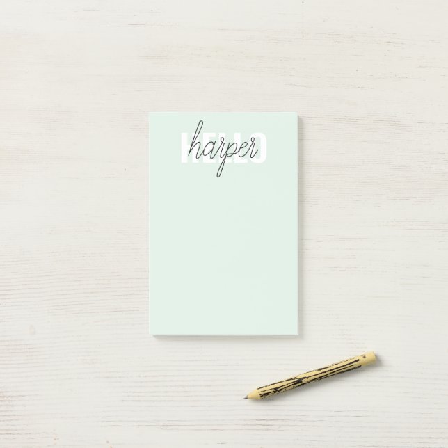 Modern Pastel Mint Hello And You Name Post-it Notes (On Desk)
