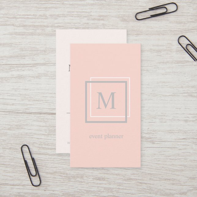Modern Pastel Pink And Grey Monogram  Business Card (Front/Back In Situ)