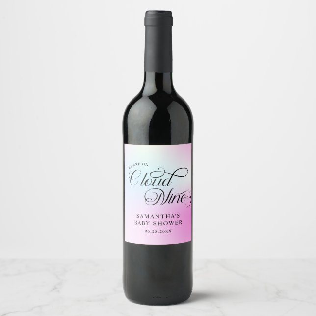Modern Pastel  Pink Cloud Nine Baby Shower Wine Label (Front)